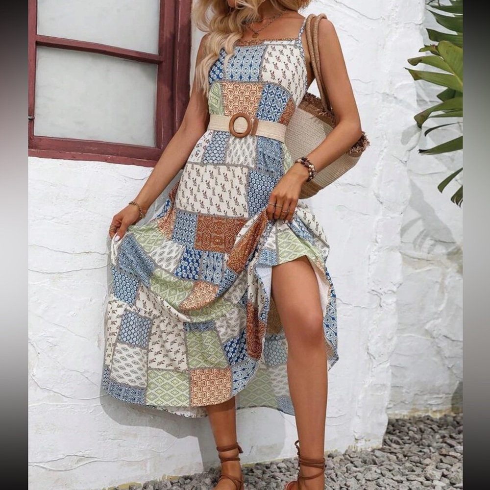 Boho Cottagecore Patchwork Floral Print Ruffle Hem Cami Dress - Picture 5 of 6